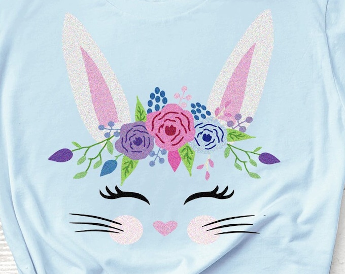Bunny Face SVG, Floral Easter Rabbit svg, Birthday Shirt, Cut File, Flowers Girl Shirt design easter Svg DXF Eps Png, Silhouette Cricut