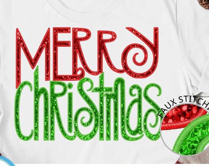 Faux Embroidery Merry Christmas Png, Sequins Glitter Sublimation Design Download PNG Sequin Retro Christmas Sublimation Png, Faux Sequin Png