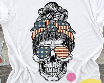 Patriotic Mom Skull PNG: American Flag Messy Bun (Sublimation Design)