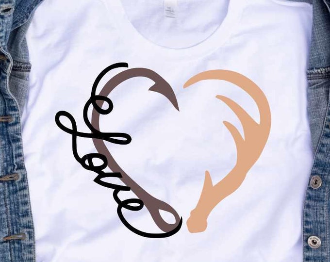 Love Interlocking Hook and Antler svg Heart Fathers day dad hunting fishing Svg, eps, dxf and PNG sublimation Cricut and Silhouette