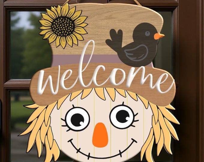 Scarecrow Fall Door Hanger Svg, Fall Welcome Scarecrow Sign Svg, Scarecrow Svg, Glowforge Laser Cut Files, Svg, Eps, Dxf, Png