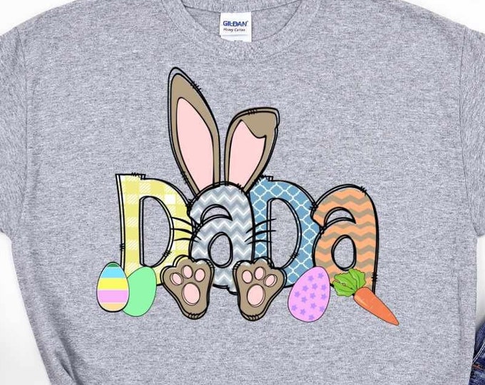 Bunny Dada Png Easter Doodle Letters Png, Dad Family Easter matching shirts Png Transfer Sublimation Digital Designs