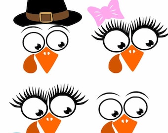 Cute Turkey svg, Thanksgiving svg Eyelashes Pilgrim Hat on Turkey face, SVG,EPS Png DXF, Cricut, Silhouette Sublimation print and cut file