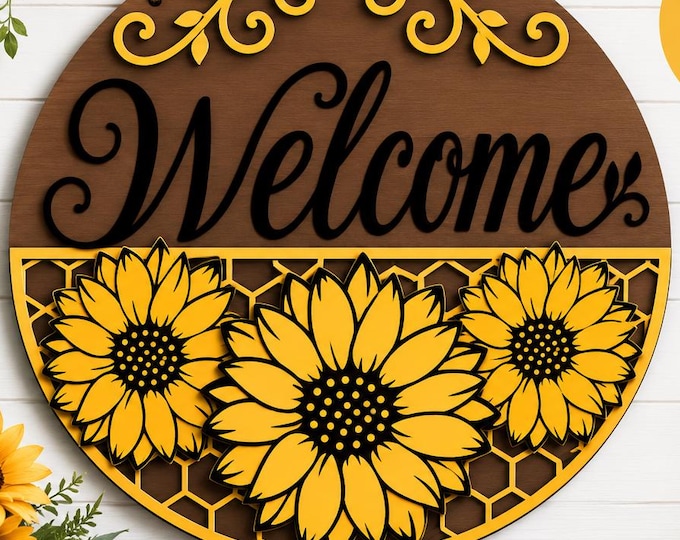 Welcome Sign SVG,  Sunflower Summer Door Hanger Laser Cut File, Round Farmhouse Sign for Glowforge Cricut