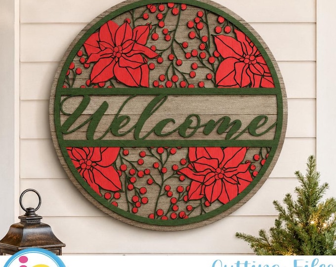 Christmas Welcome Sign, Xmas decor, Christmas round wood door hanging sign, Glowforge Cricut Silhouette laser cut file svg, eps, dxf, png