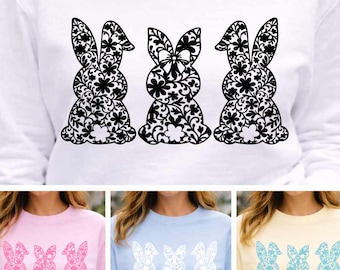 Lace Bunny Trio SVG Bundle, Easter Bunny SVG, Coquette Bunny Png, Bunny Cut File, Cricut Silhouette Dxf Eps Png, 4 Color PNG Set