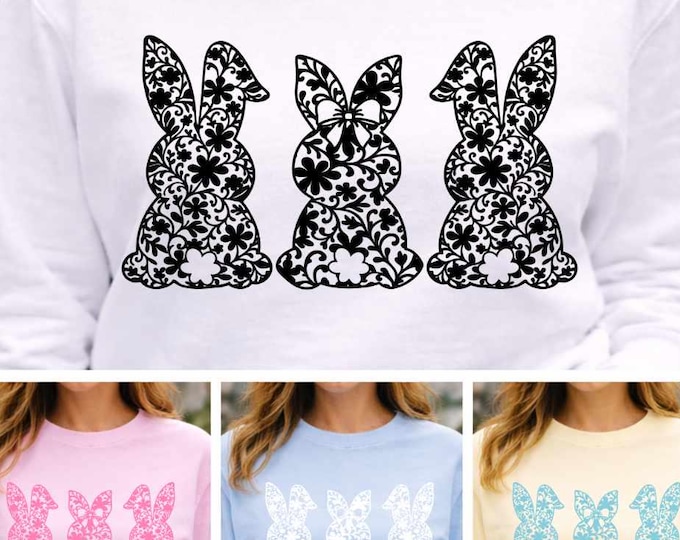 Lace Bunny Trio SVG Bundle, Easter Bunny SVG, Coquette Bunny Png, Bunny Cut File, Cricut Silhouette Dxf Eps Png, 4 Color PNG Set