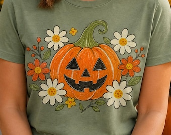 Floral Jack O Lantern PNG, Daisy Pumpkin Sublimation, Hand Drawn Halloween Pumpkin Shirt Design, Retro Fall Flower PNG, Spooky Season