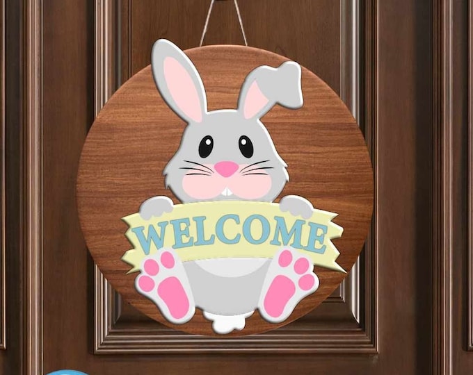 Easter Welcome Sign svg, Bunny Tail Door Hanger Laser Cut file, Round Porch Spring Door Decor, CNC Glowforge, Png, Svg, Eps, Dxf