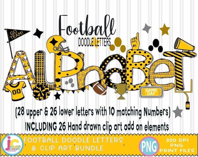 Football Doodle Letters png Gold and Black Hand Drawn alpha pack clip art Alphabet A - Z and Numbers Set Sublimate Design Printable png Font