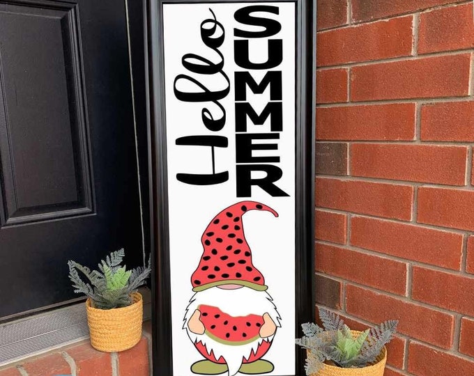 Hello Summer Porch Leaner Sign SVG Gnome SVG Vertical Leaner Sign Beach Garden Cut File svg, eps, dxf, png quotes cricut silhouette