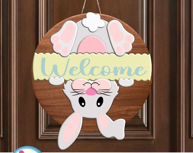 Easter svg, Welcome Sign svg, Bunny Tail Door Hanger Laser Cut file, Round Porch Spring Door Decor, CNC Glowforge, Png, Svg, Eps, Dxf