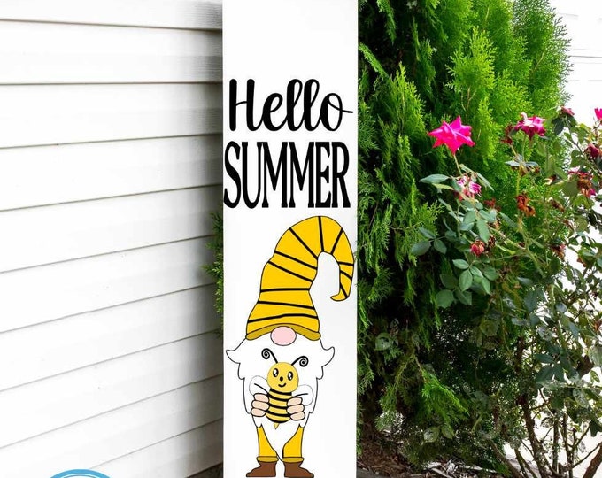 Hello Summer Porch Leaner Sign SVG Gnome SVG Vertical Leaner Sign Beach Garden Cut File svg, eps, dxf, png quotes cricut silhouette