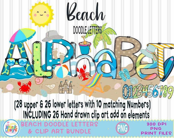 Beach Sublimation Doodle Letters png Summer Hand Drawn alpha pack Numbers Alphabet A - Z Set Sublimate Design Printable png