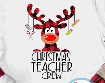 Christmas Teacher Crew Buffalo Plaid Moose SVG, Reindeer SVG, RN Clipart Xmas Clip Art, svg dxf Eps Cut File, Png Print Sublimation Design
