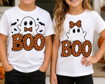 Halloween Boo Ghost PNG Set for Boys and Girls, Matching Sibling Halloween Shirt Design, Cute Ghost Sublimation Bundle