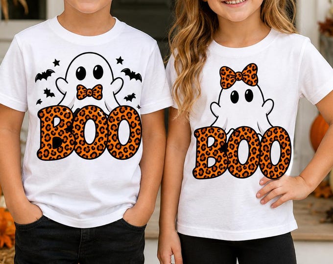 Halloween Boo Ghost PNG Set for Boys and Girls, Matching Sibling Halloween Shirt Design, Cute Ghost Sublimation Bundle
