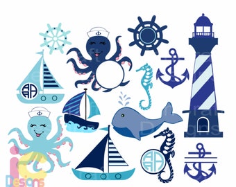 Summer svg, Sea creature Nautical Anchor SVG, Ocean SVG files, Octopus SVg, Sailboat, Whale svg, Bundle, Svg, Eps, Dxf, Printable Png