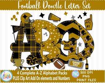 Football Black Gold faux applique Doodle Letters Alphabet Bundle PNG Hand Drawn Alpha Pack Digital Download Sublimation Digital Design PNG