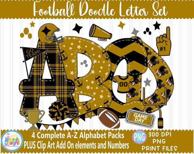 Football Black Gold faux applique Doodle Letters Alphabet Bundle PNG Hand Drawn Alpha Pack Digital Download Sublimation Digital Design PNG