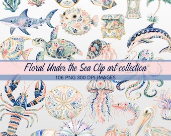 Preppy Coastal Clipart PNG Bundle, Nautical Watercolor Shells Crab Lobster, Summer Beach Sea Life Graphics, Seaside Floral Clip Art