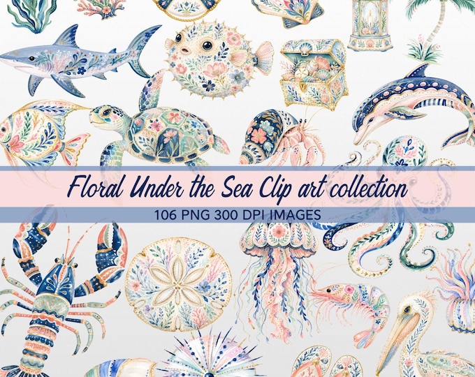 Preppy Coastal Clipart PNG Bundle, Nautical Watercolor Shells Crab Lobster, Summer Beach Sea Life Graphics, Seaside Floral Clip Art