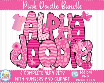 Breast Cancer Awareness Alphabet Doodle Letters png Sublimation Hand Drawn alpha pack Numbers A - Z Set Sublimate Design Printable png