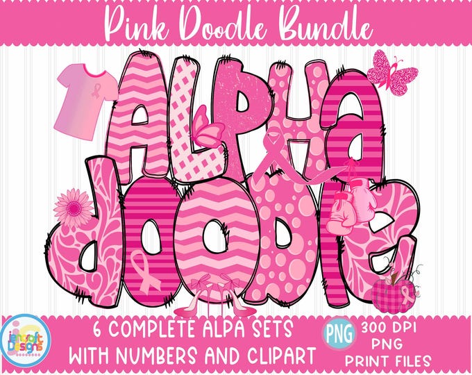 Breast Cancer Awareness Alphabet Doodle Letters png Sublimation Hand Drawn alpha pack Numbers A - Z Set Sublimate Design Printable png