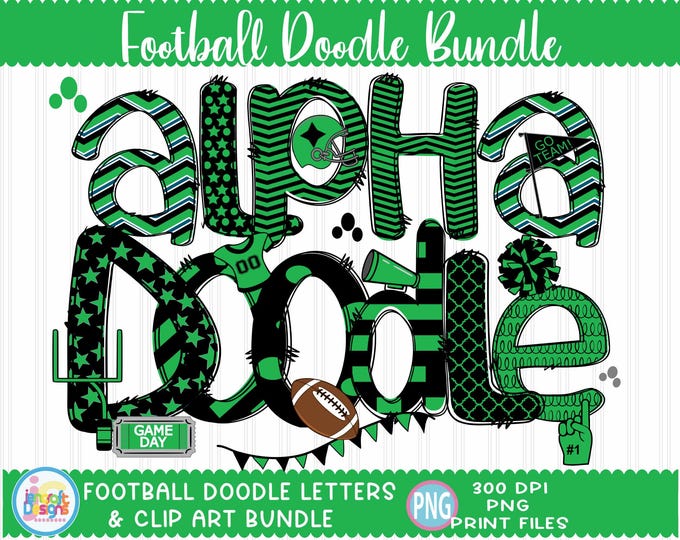 Football Doodle Letters png Black and Green Hand Drawn alpha pack Alphabet A - Z Set Sublimate Design Printable png Font Pink White Font