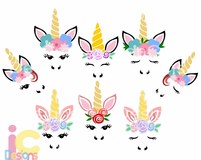 Unicorn svg, Unicorn face svg bundle, Gold Horn unicorn, Floral Unicorn Head Features eyelashes, SVG, DXF, Eps, Png Cricut, Silhouette