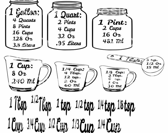 Kitchen SVG, Conversion Chart svg, Kitchen Measuring Cheat Sheet svg measurement Conversion Chart Cups svg file for cricut silhouette