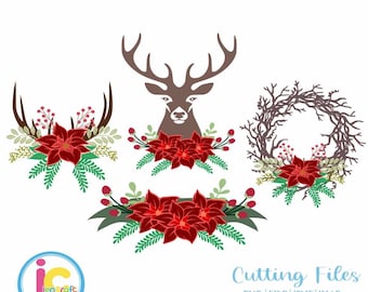 Christmas svg Floral Antler svg floral swag svg Cutting File Set Svg, eps, dxf, PNG Cricut and Silhouette, Hunting Fishing, Print, clipart