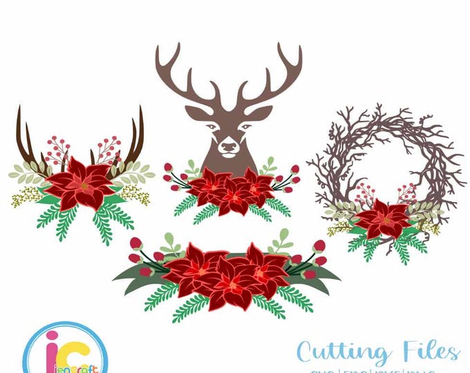 Christmas svg Floral Antler svg floral swag svg Cutting File Set Svg, eps, dxf, PNG Cricut and Silhouette, Hunting Fishing, Print, clipart