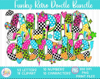 Vibrant Preppy Retro Doodle Alphabet PNG Bundle, Hand Drawn Letters, Cute Digital Download, Printable Sublimation Design, Clipart Set