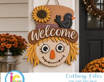 Scarecrow Welcome Sign SVG: Fall Door Hanger Cut File (Glowforge File)