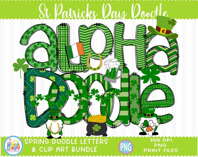 St. Patrick's Day Doodle Alphabet PNG, Saint Patrick's Day Letters PNG Sublimation Design with Clipart, Upper case, Lower case and Numbers