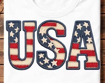 Patriotic USA Faux Embroidery PNG, 4th of July Sublimation Design, America Shirt Graphic, Red White Blue Digital Download