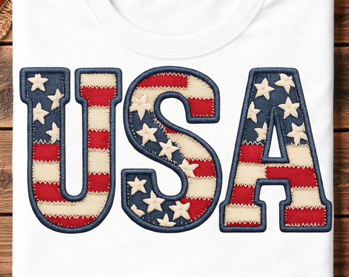 Patriotic USA Faux Embroidery PNG, 4th of July Sublimation Design, America Shirt Graphic, Red White Blue Digital Download