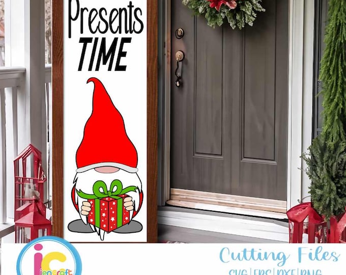 Christmas Gnome Presents Time, Welcome Porch Leaner Sign SVG Bundle Gnome SVG xmas Vertical Sign  Cut File svg, eps, dxf, png