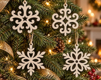 Scroll & Floral Snowflake SVG Ornament Set | Christmas Garland Laser Cut File, DXF Eps PNG, Wood Ornament Download