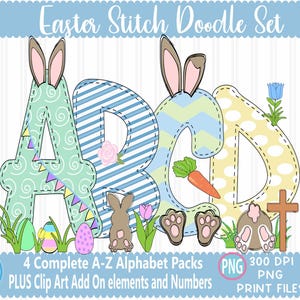 May include: An Easter-themed digital art set featuring the letters A, B, C, and D, each decorated with bunny ears, eggs, and floral elements. The letters are in pastel colors with stitched details, and the image includes the text "Easter Stitch Doodle Set".