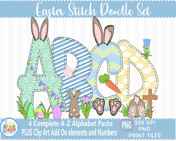 Easter Doodle Letters: Faux Applique Alphabet (PNG Print File)