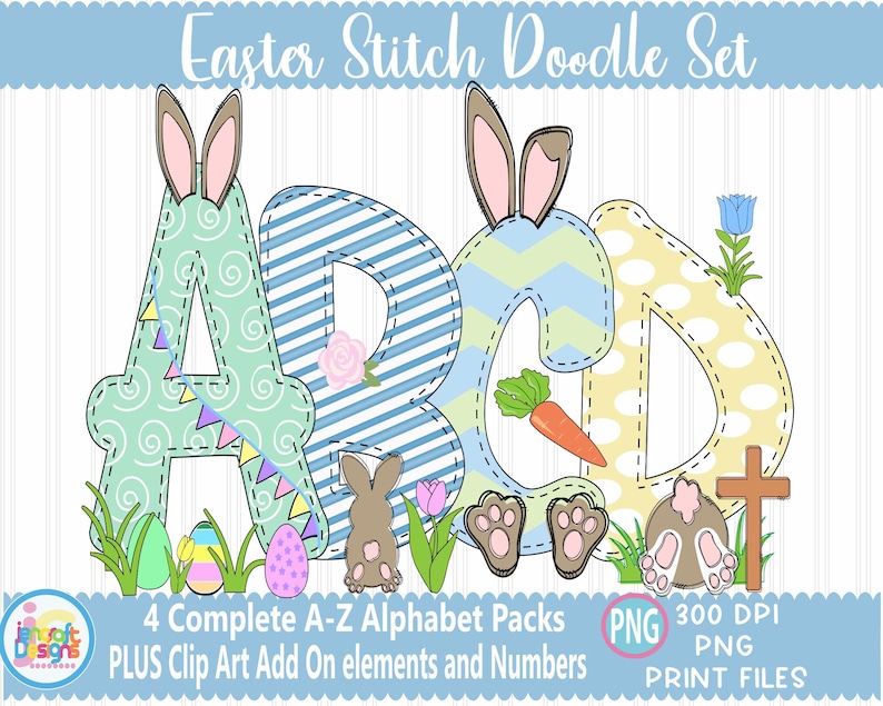 May include: A digital Easter-themed alphabet set with the letters A, B, C, and D, adorned with bunny ears, eggs, and floral designs. The letters are in pastel shades with stitched details. The image includes the text "Easter Stitch Doodle Set".