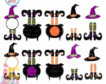 Halloween svg Witch Svg Design Witch Legs in Cauldron Monogram Frame Digital Clipart and Cut File Png SVG EPS DXF Instant Download