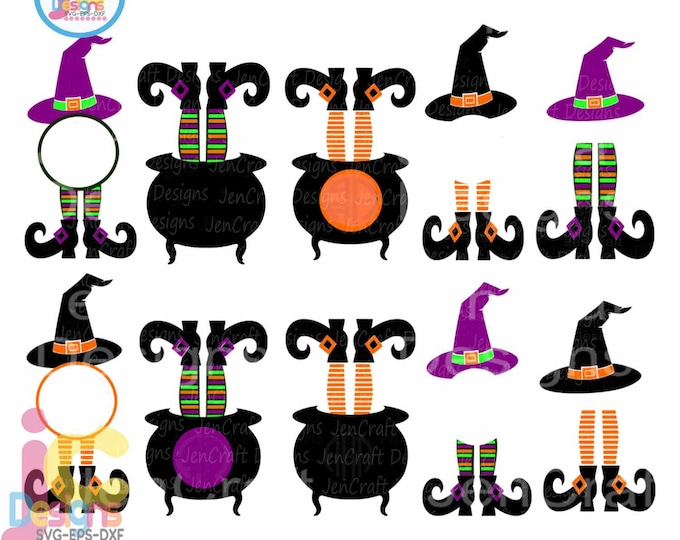 Halloween svg Witch Svg Design Witch Legs in Cauldron Monogram Frame Digital Clipart and Cut File Png SVG EPS DXF Instant Download