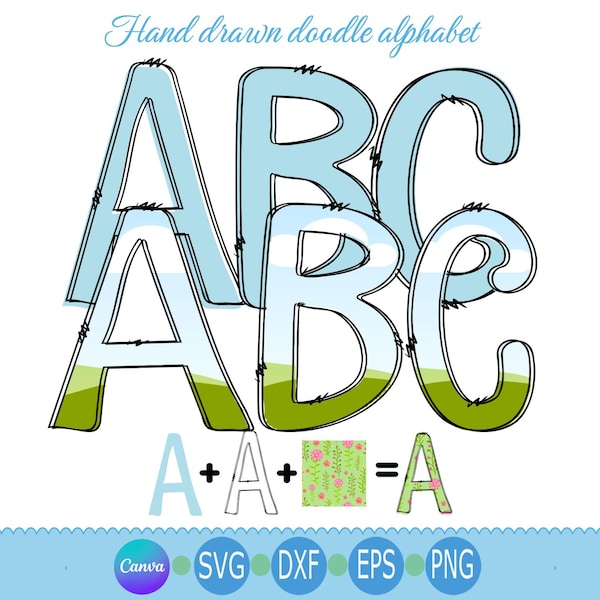 Doodle brief sjabloon voor canvas frame: bovenste invulbare alfabet SVG, PNG, DXF