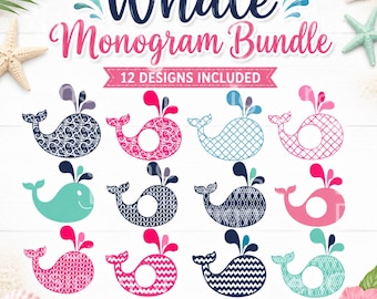 Whale Monogram SVG, Beach Monogram Frame, Summer SVG Cut File, Nautical Whale Clipart, Cricut Silhouette PNG Dxf Eps