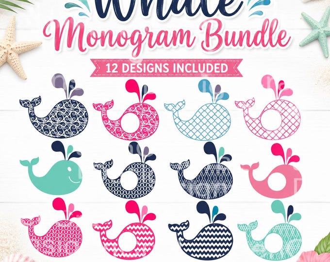 Whale Monogram SVG, Beach Monogram Frame, Summer SVG Cut File, Nautical Whale Clipart, Cricut Silhouette PNG Dxf Eps