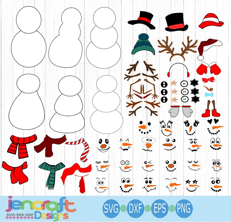 May include: A digital collection of snowman building elements including various body shapes, hats, scarves, carrot noses, eyes, mouths, buttons, and accessories. The graphic includes the text jencraft Designs and file formats SVG, EPS, DXF, and PNG.