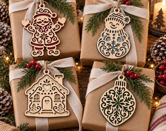 Christmas Hanging Ornament SVG Bundle, Santa Snowman Gingerbread House Laser Cut Garland Files